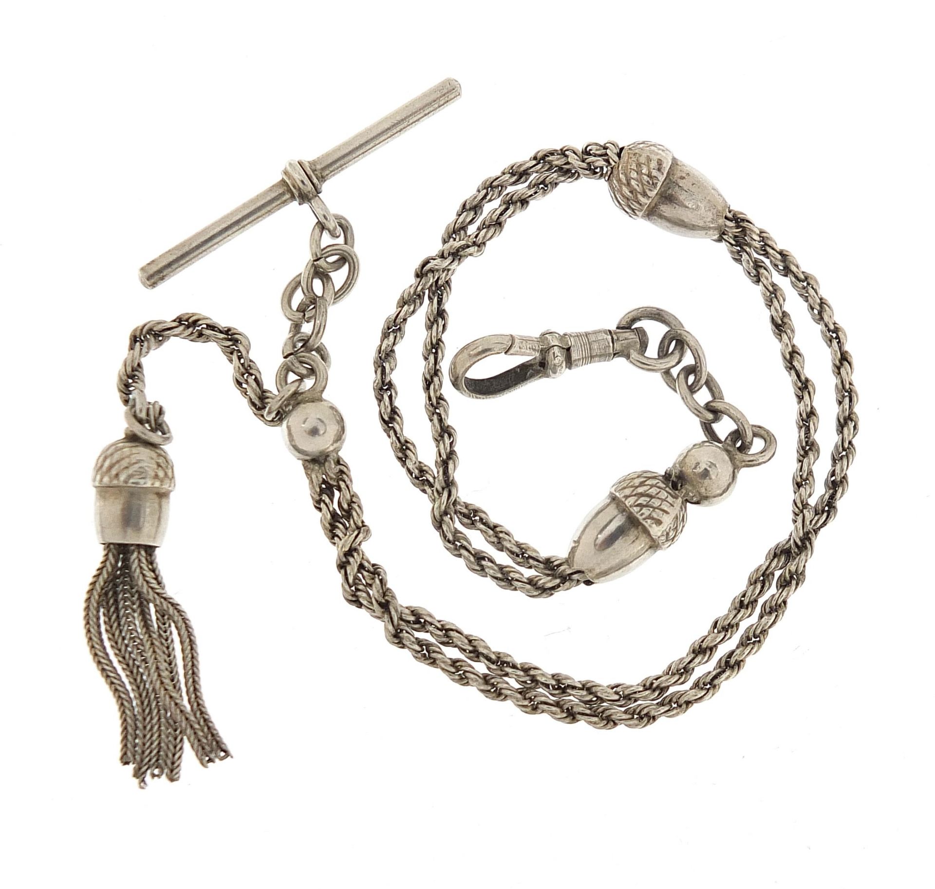 Victorian silver acorn design watch chain with tassel, 28cm in length, 12.4g