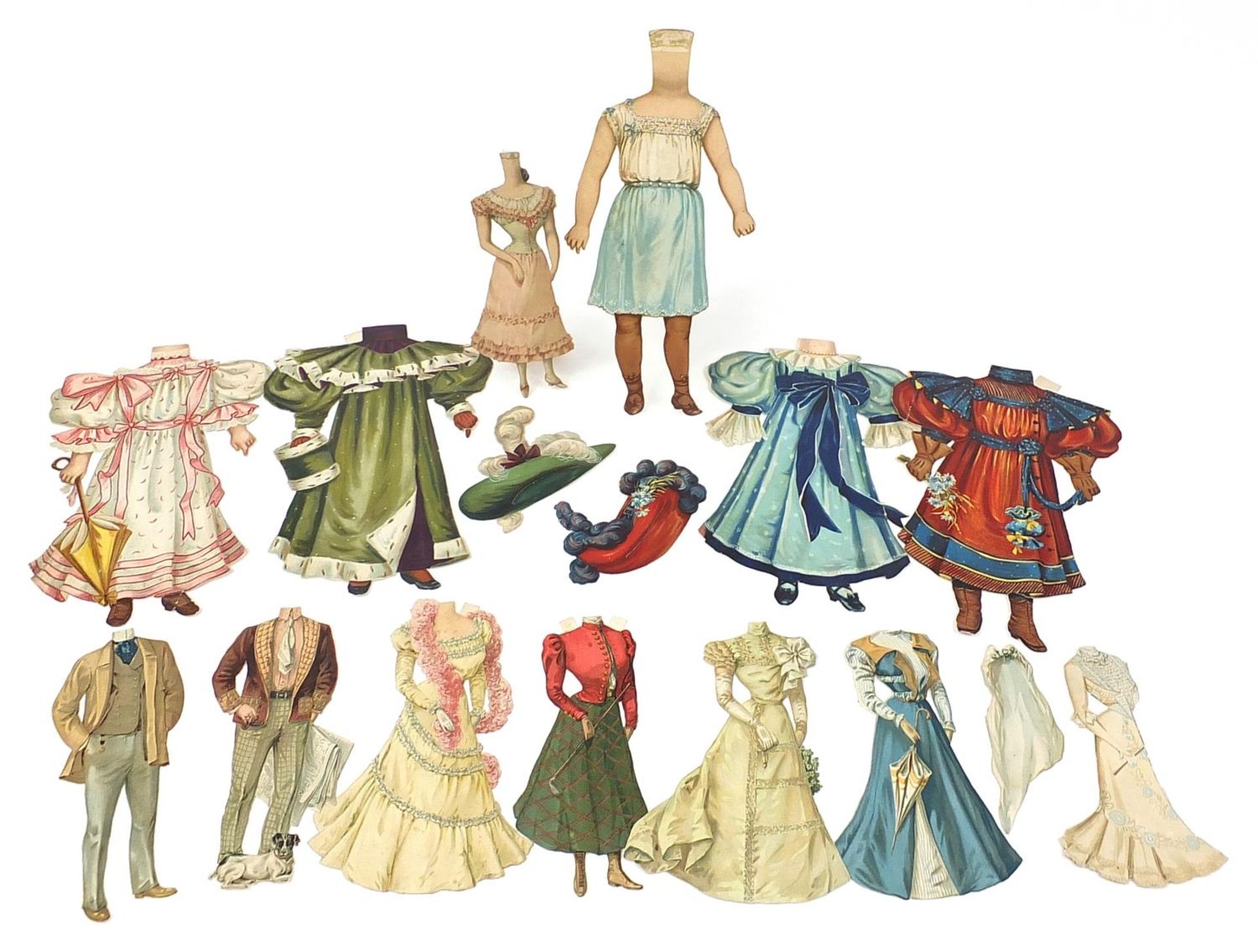 Group of Rafael Tuck & Sons lithographic card figural cut outs, the largest approximately 28cm high