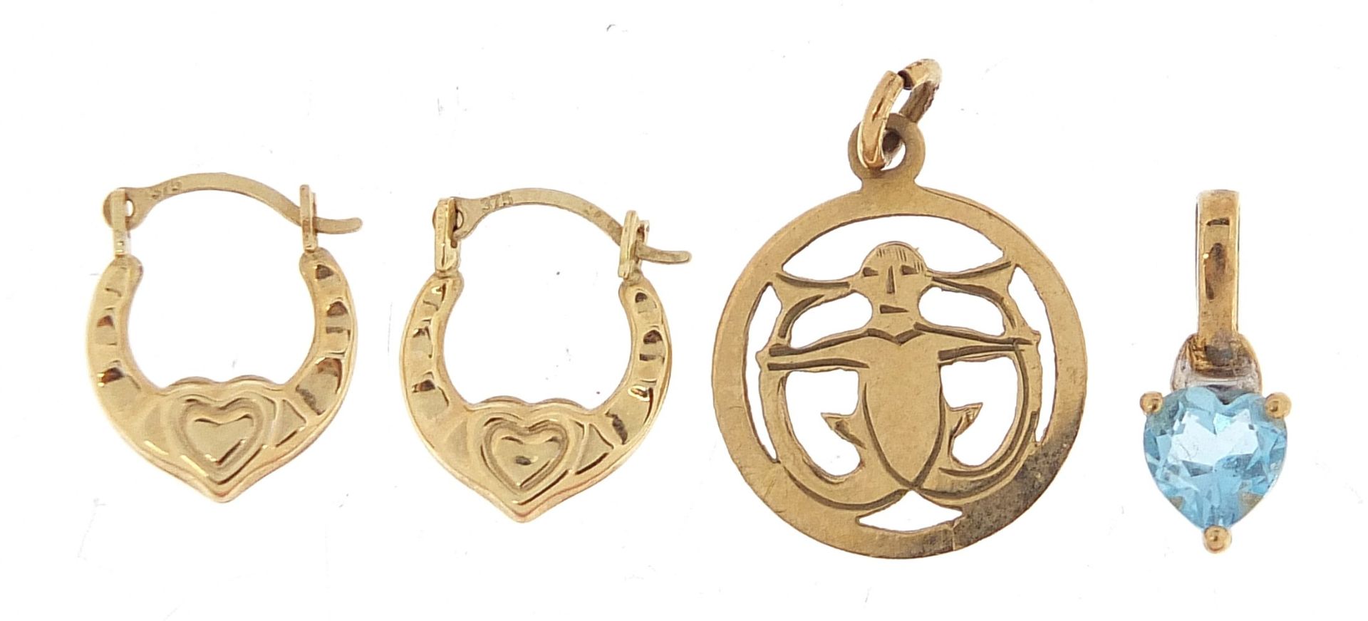 9ct gold jewellery comprising a blue stone love heart pendant, pair of love heart hoop earrings