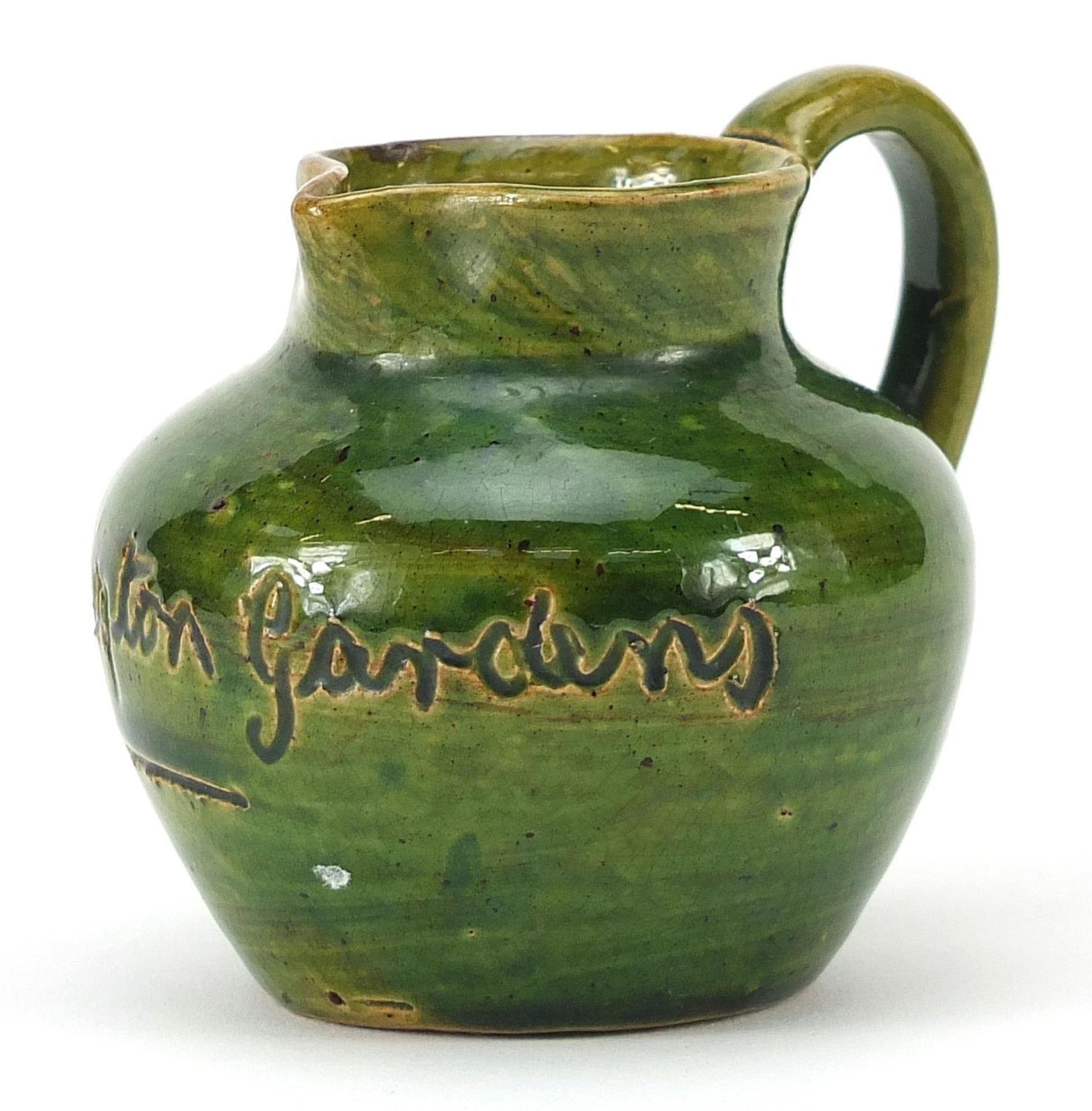 Dicker ware jug incised Littlington Gardens, 6cm high