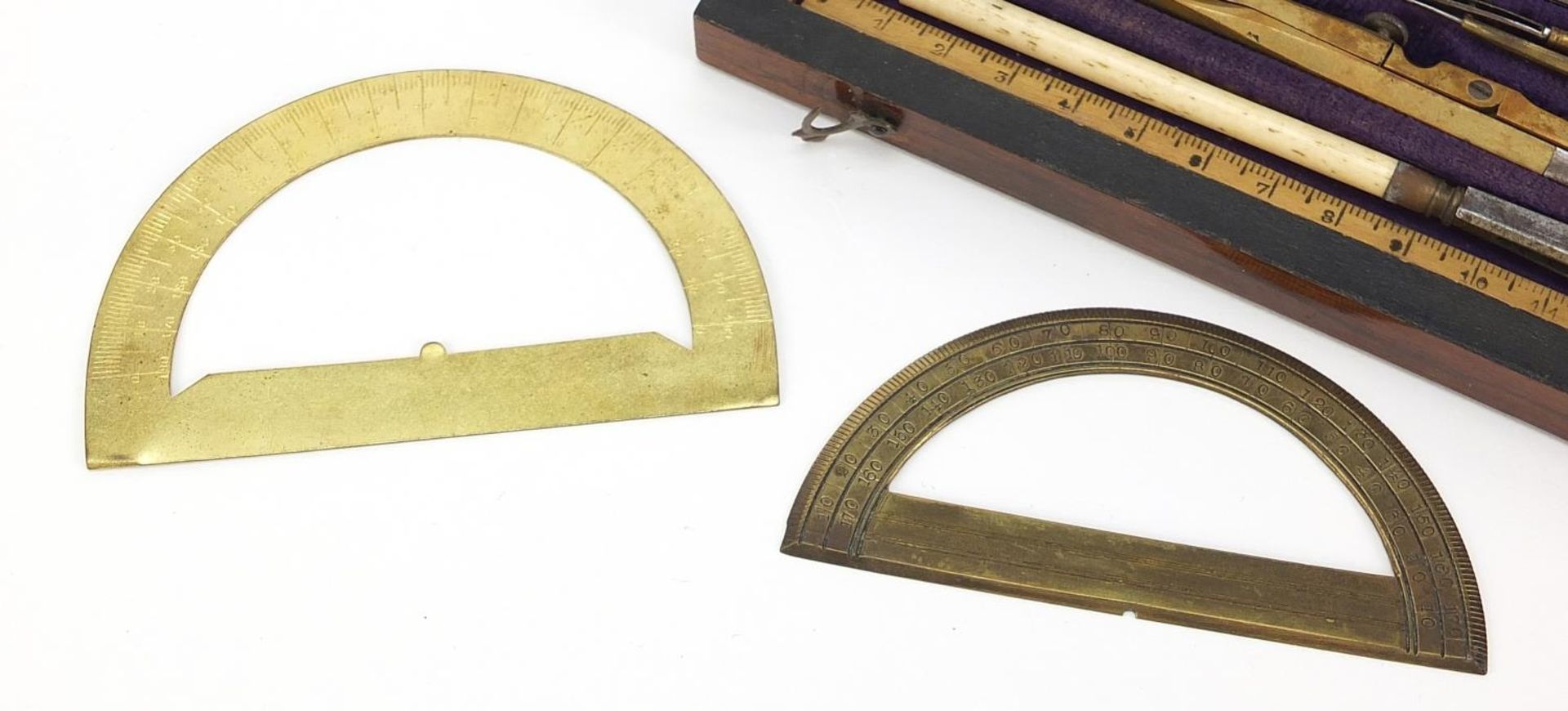 Early 19th century rosewood drawing set with implements including two protractors, 20cm wide - Image 3 of 4
