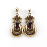 Pair of 9ct gold garnet drop earrings, 2.8cm high, 4.0g