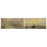 Moored boats and boats beside a port, pair of Dutch 19th century oil on canvases, each