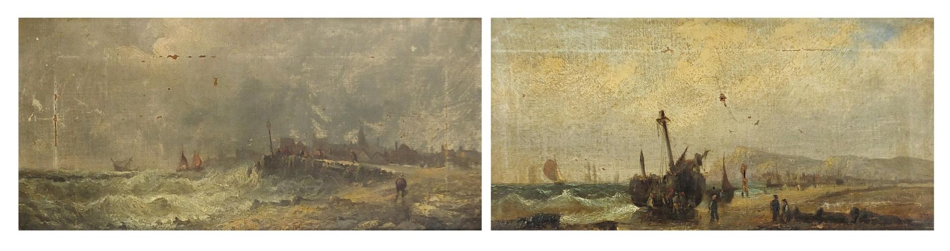 Moored boats and boats beside a port, pair of Dutch 19th century oil on canvases, each