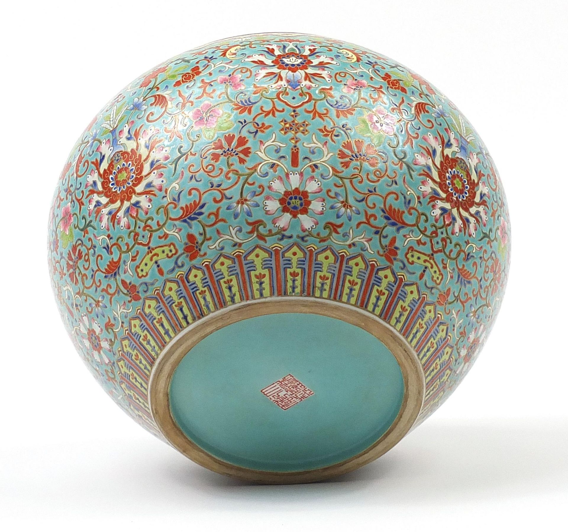 Large Chinese turquoise ground jardiniere finely hand painted in the famille rose palette with - Image 3 of 3