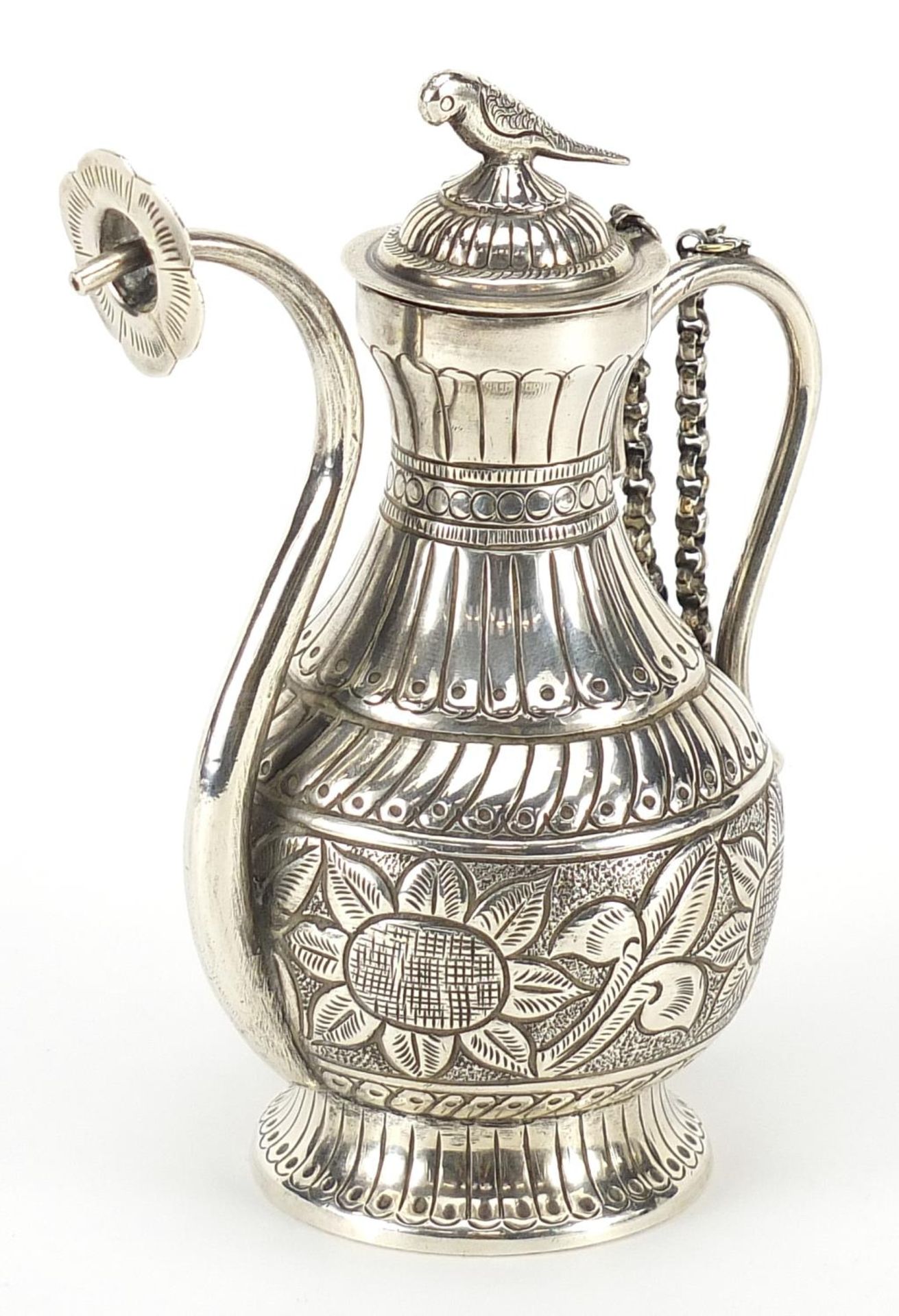 Turkish unmarked silver rosewater sprinkler with bird finial, 13.5cm high, 191.2g