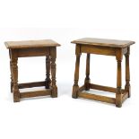 Two antique oak stools, the largest 49cm H x 45.5cm W x 27.5cm D