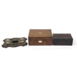 Woodenware including a Victorian papier mache inkstand, writing slope and rosewood box, the