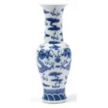 Chinese blue and white porcelain yen yen vase hand painted with two dragons chasing a flaming