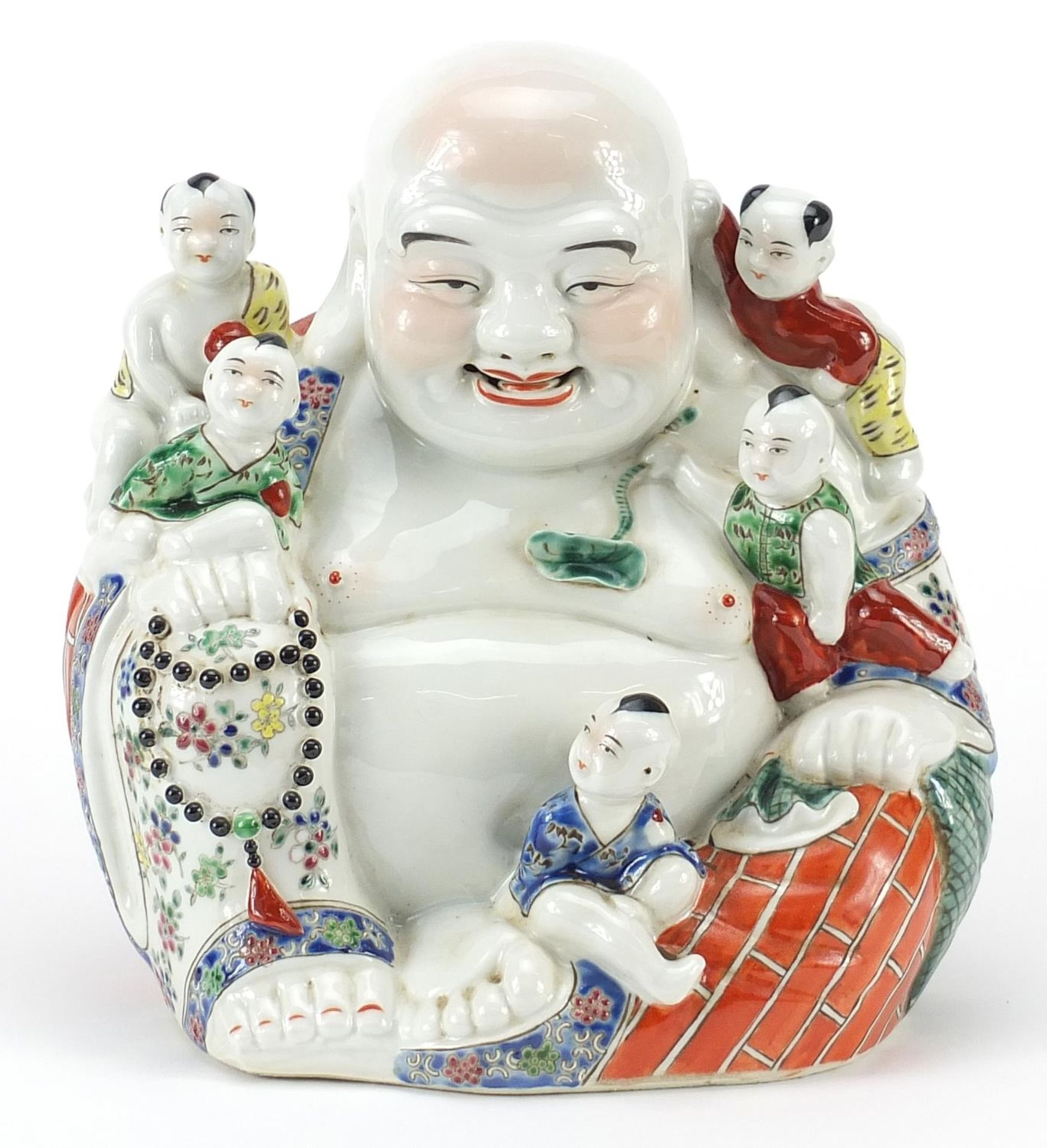 Chinese porcelain figure of Buddha with children, impressed character marks to the base, 25cm high