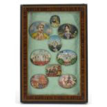 Nine Indian Mughal oval miniatures hand painted with figures and temples housed in an inlaid