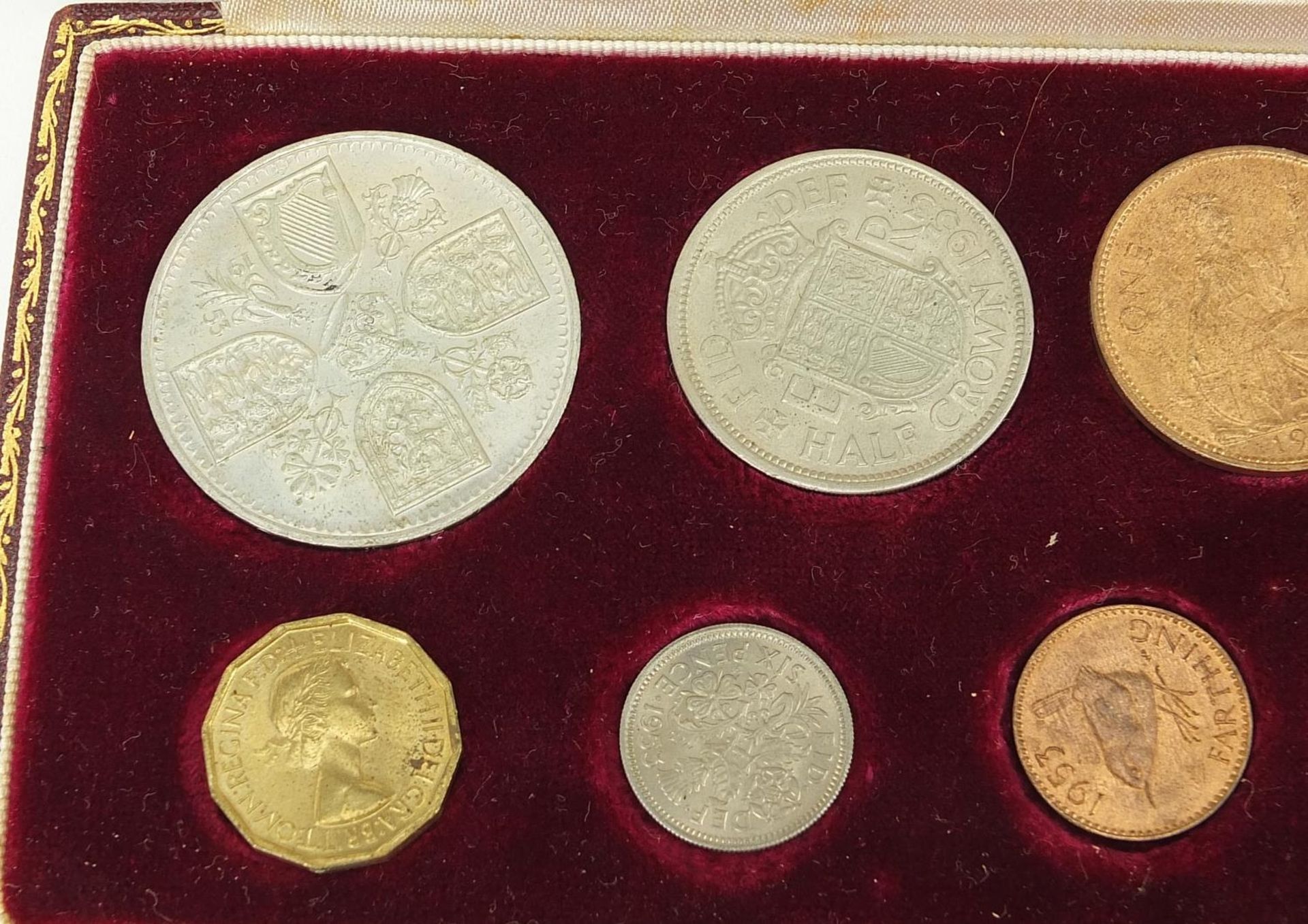 Elizabeth II 1953 specimen coin set housed in a velvet lined tooled leather case, 20cm wide - Image 2 of 5