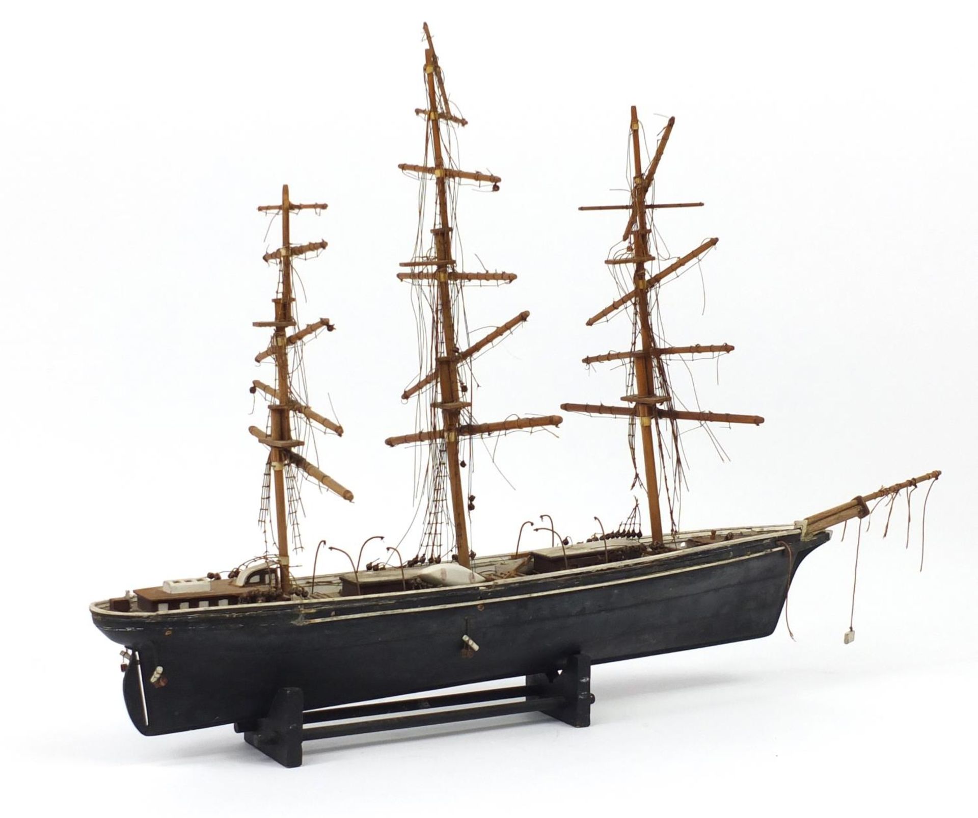 Hand painted wooden model of a rigged sailing ship, 73cm in length - Image 2 of 3