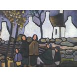 Manner of Markey Robinson - Figures before cottages, Irish school oil on board, mounted and