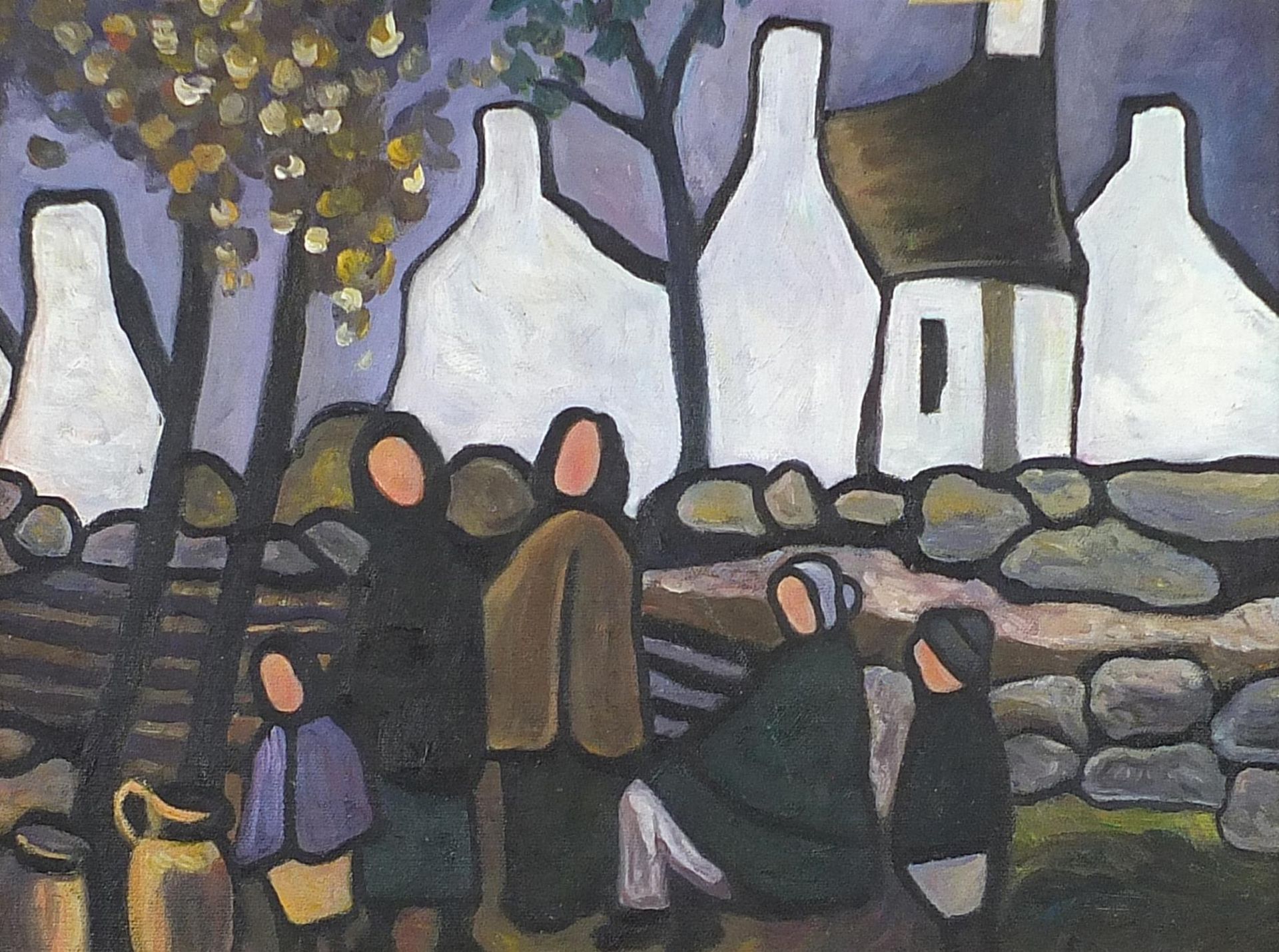 Manner of Markey Robinson - Figures before cottages, Irish school oil on board, mounted and