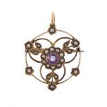 Art Nouveau unmarked gold amethyst and seed pearl brooch pendant, 2.5cm high, 2.3g