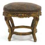 Large French design gilt stool with brown suede design upholstery, 55cm high x 64cm in diameter