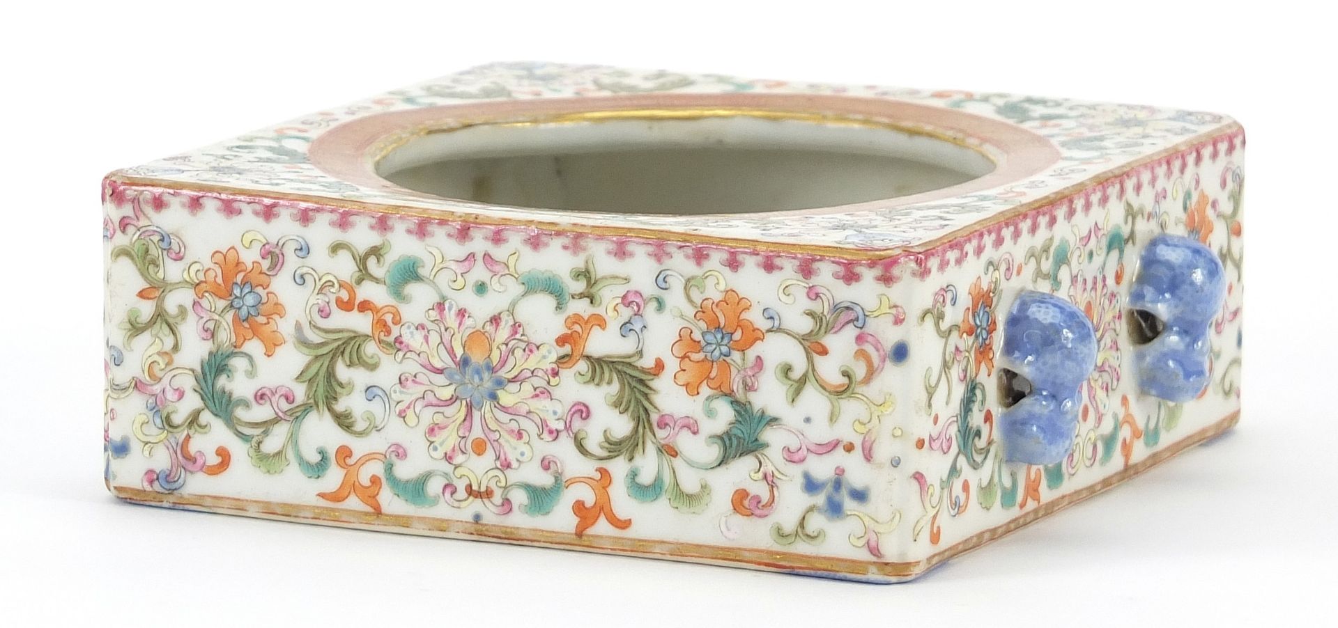Chinese porcelain square section brush washer with animalia handles, finely hand painted in the - Image 2 of 4