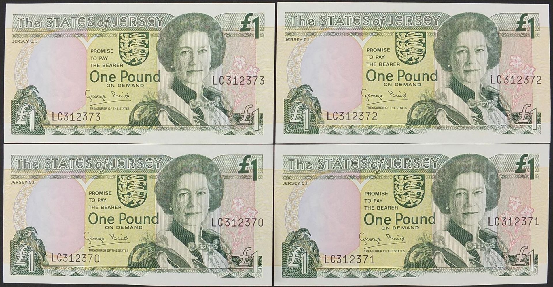 Four States of Jersey one pound notes with consecutive serial numbers