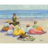 Beach scene with figures, American school oil on canvas board, mounted and framed, 29cm x 23cm