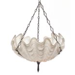 Art Deco frosted glass shell design light pendant with bronze mounts, 32cm in diameter