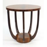 Circular Art Deco design walnut effect occasional table with under tier, 61cm high x 59.5cm in