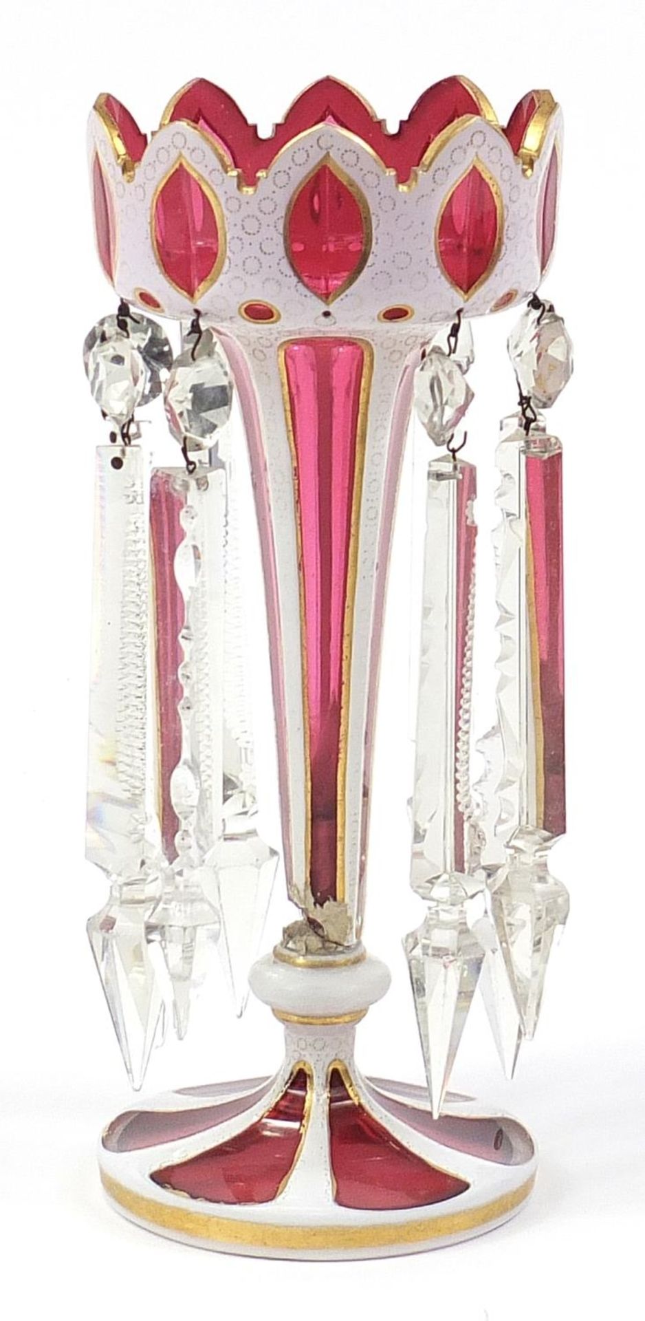 Victorian white overlaid cranberry glass lustre vase with cut glass drops, 29.5cm high - Image 4 of 4