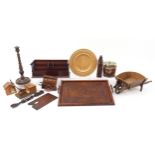 Woodenware including an antique oak wood carving of a priest, mahogany desk letter rack,