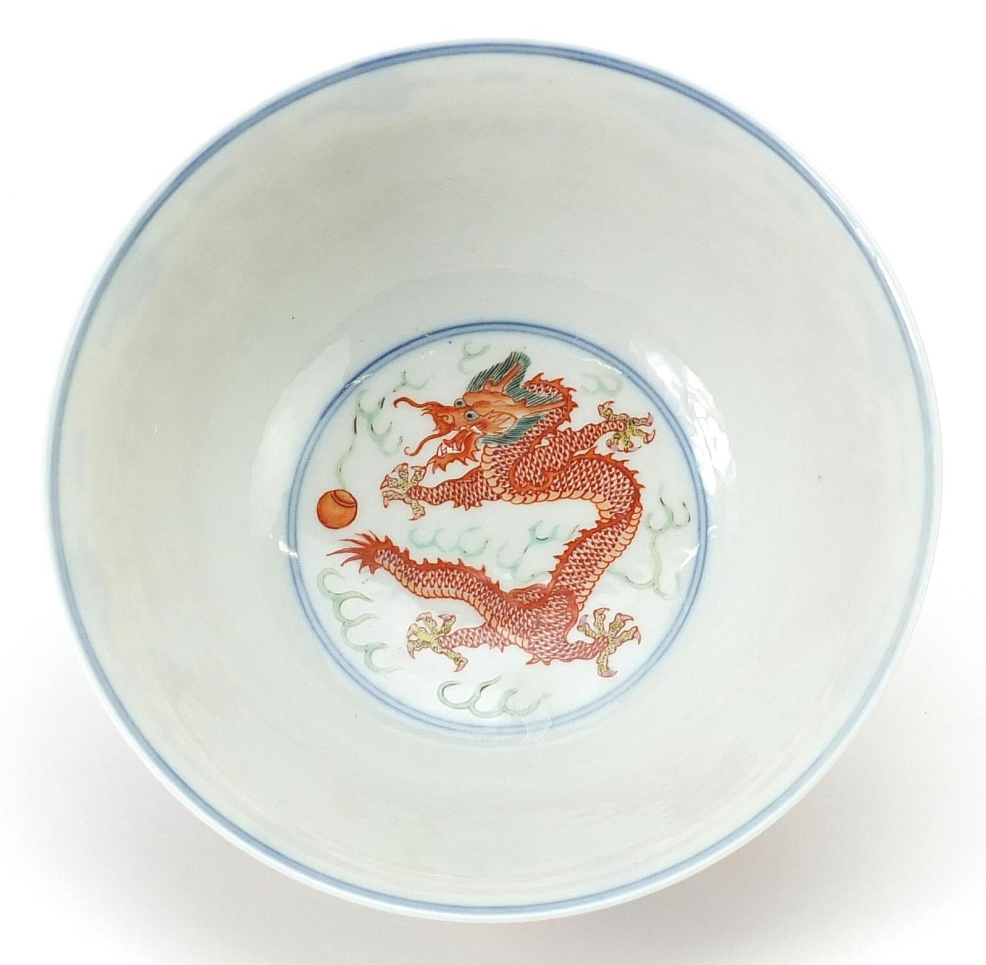 Chinese doucai porcelain bowl finely hand painted with phoenixes and dragons amongst flowers, six - Image 3 of 4