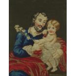 19th century needlepoint of a father and child, the mount inscribed J A Bradshaw aged 11 years,