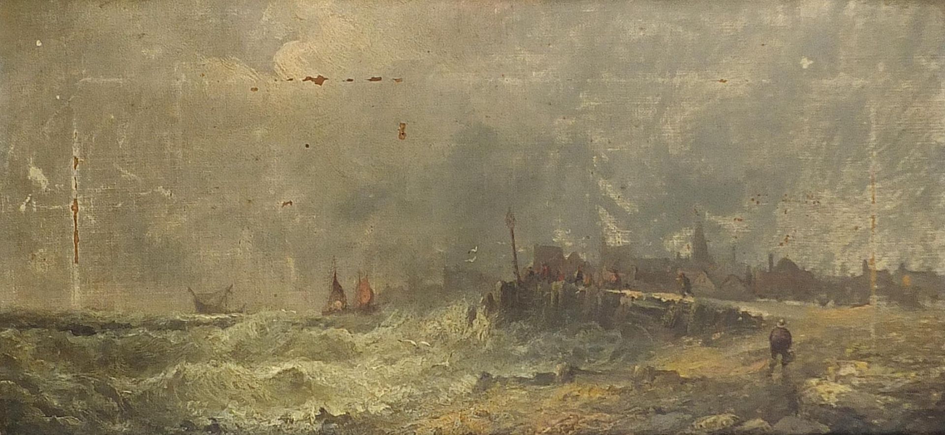 Moored boats and boats beside a port, pair of Dutch 19th century oil on canvases, each - Image 2 of 8