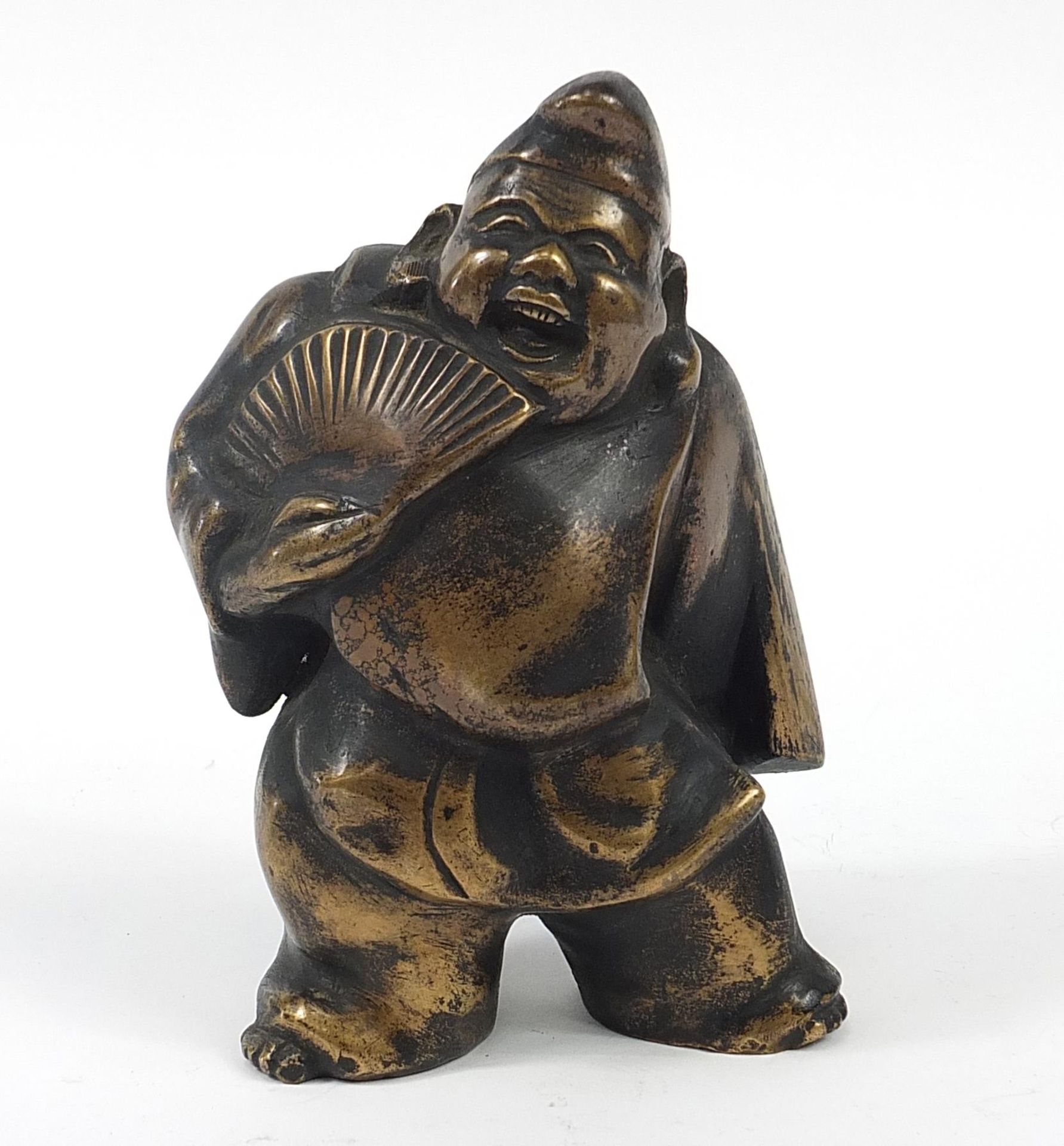 Japanese patinated bronze sculpture of a warrior holding a fan, 19.5cm high Overall in generally