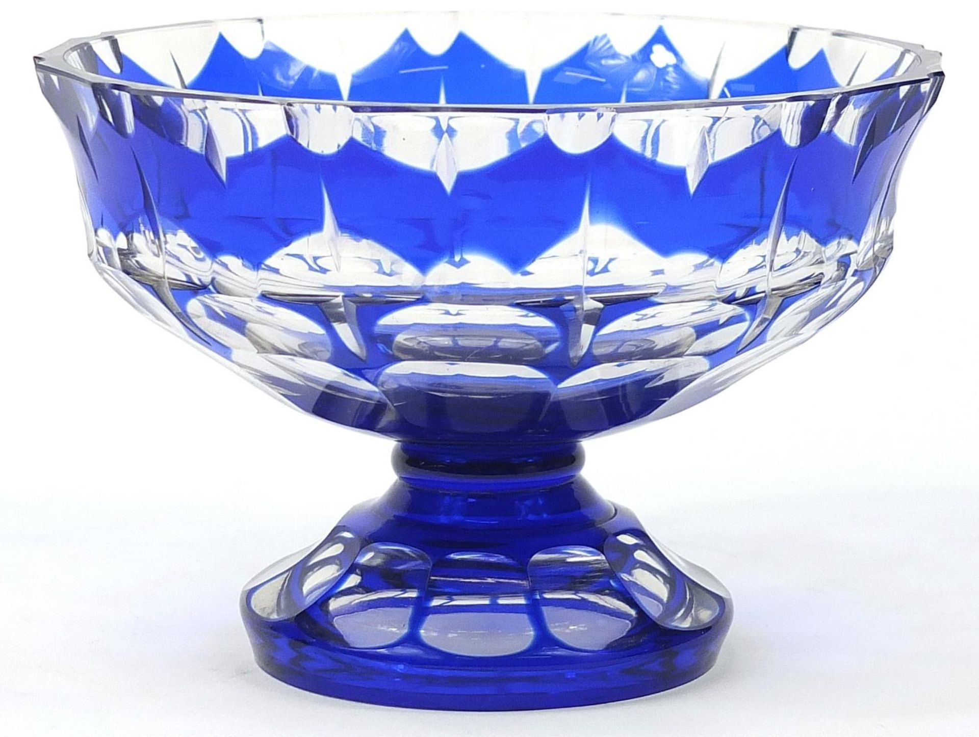 Attributed to Moser, Bohemian blue overlaid glass pedestal bowl, 11cm high x 16cm in diameter - Image 2 of 3