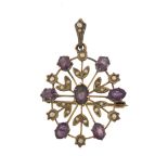 Art Nouveau 9ct gold amethyst and seed pearl brooch pendant, 4cm high, 4.2g