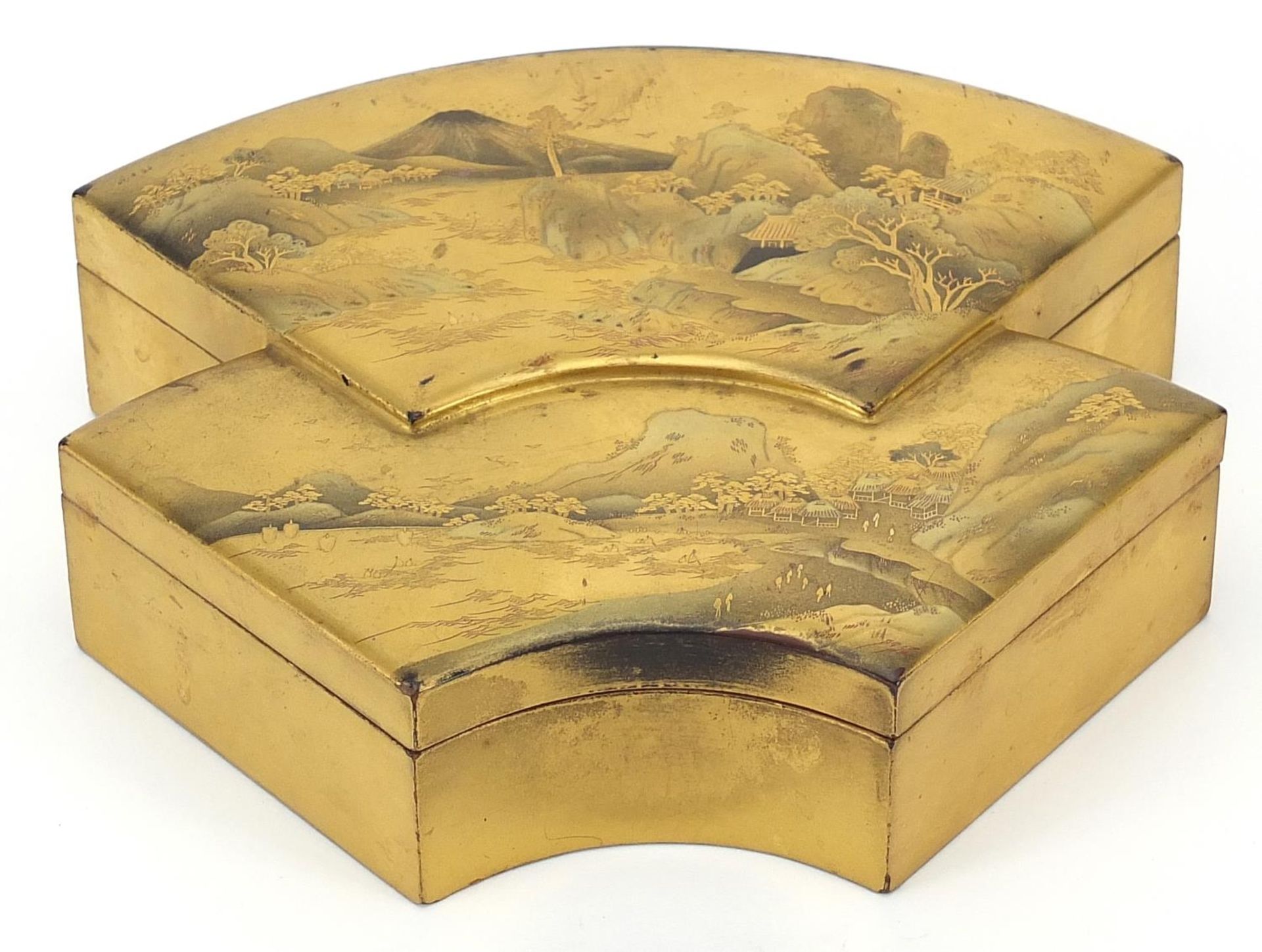 Japanese Makie lacquer box and cover decorated with with landscapes and Mount Fuji, 13.5cm wide