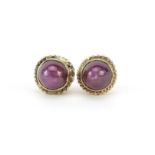 Pair of 9ct gold cabochon star ruby stud earrings, 8.5mm in diameter