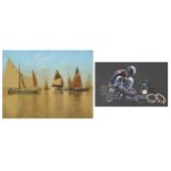 Two Middle Eastern pictures including one after Ramzi Kayello of a figure kneeling, each framed