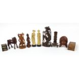 Oriental woodenware and collectables including a Japanese marquetry tambour box, carved hardwood