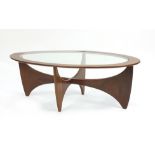 G Plan, teak oval coffee table with glass top, 41.5cm H x 122cm W x 65cm D