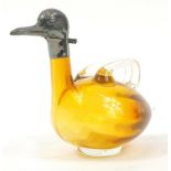 Czechoslovakian amber and clear glass duck claret jug with silver plated mounts, 20cm in length