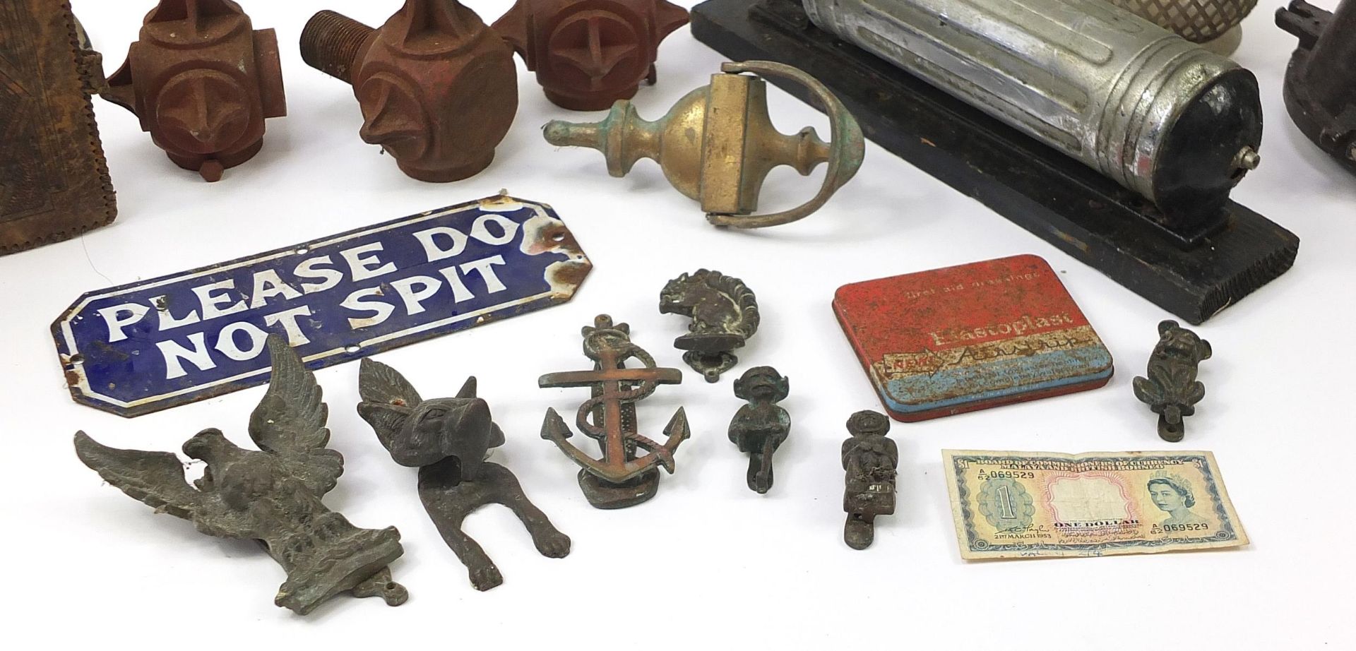 Sundry items including Victorian cast iron street lamp finials, brass door knockers, Pyrene fire - Image 3 of 4