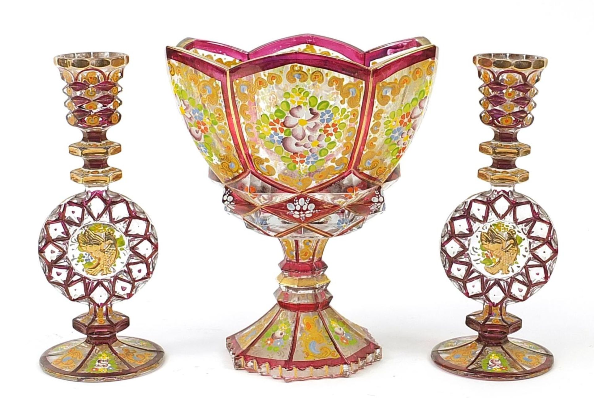 Attributed to Moser, Bohemian ruby flashed glass three piece garniture comprising centre bowl and