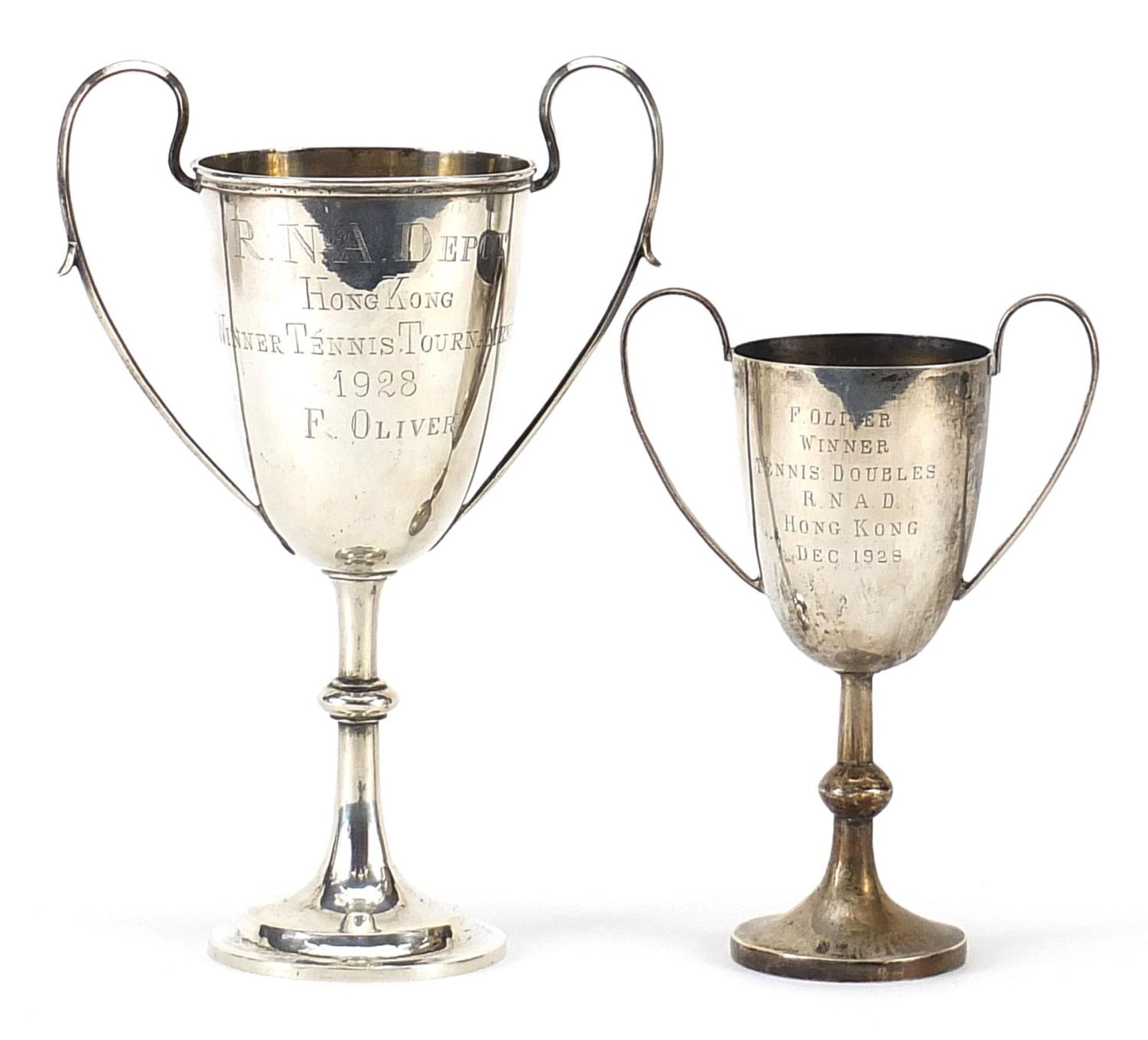 Two Chinese silver tennis trophies engraved RNA Depot Hong Kong Winner Tennis Tournament 1928 F