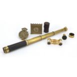 Objects including a three draw telescope and a pair of mother of pearl brass opera glasses, the