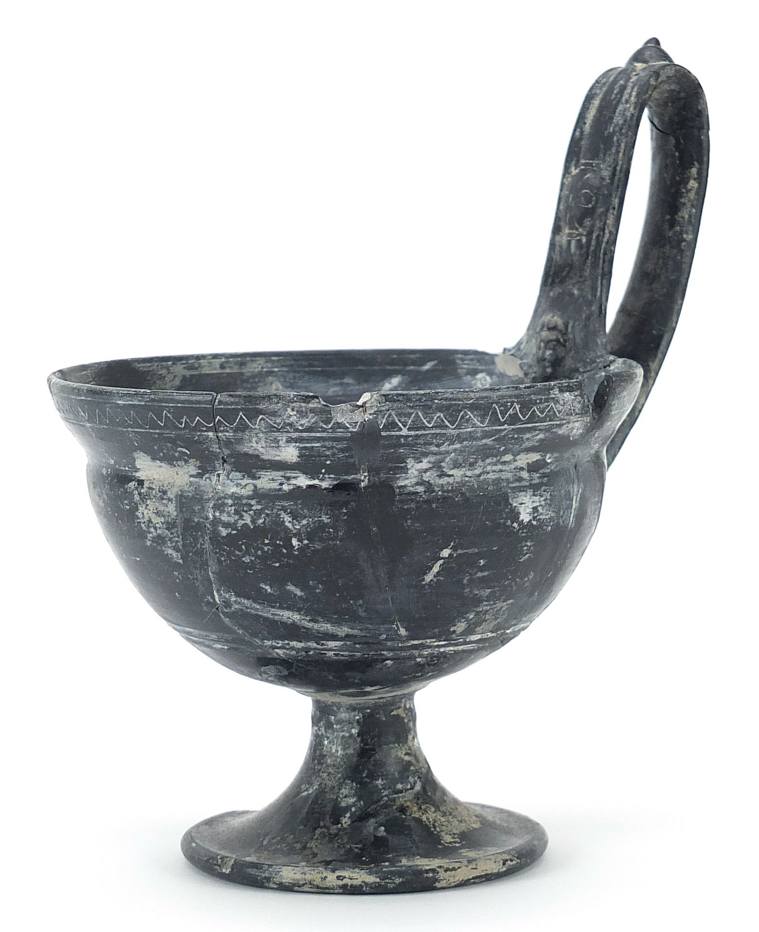 Antique Roman Blackware handled vessel, 18.5cm high