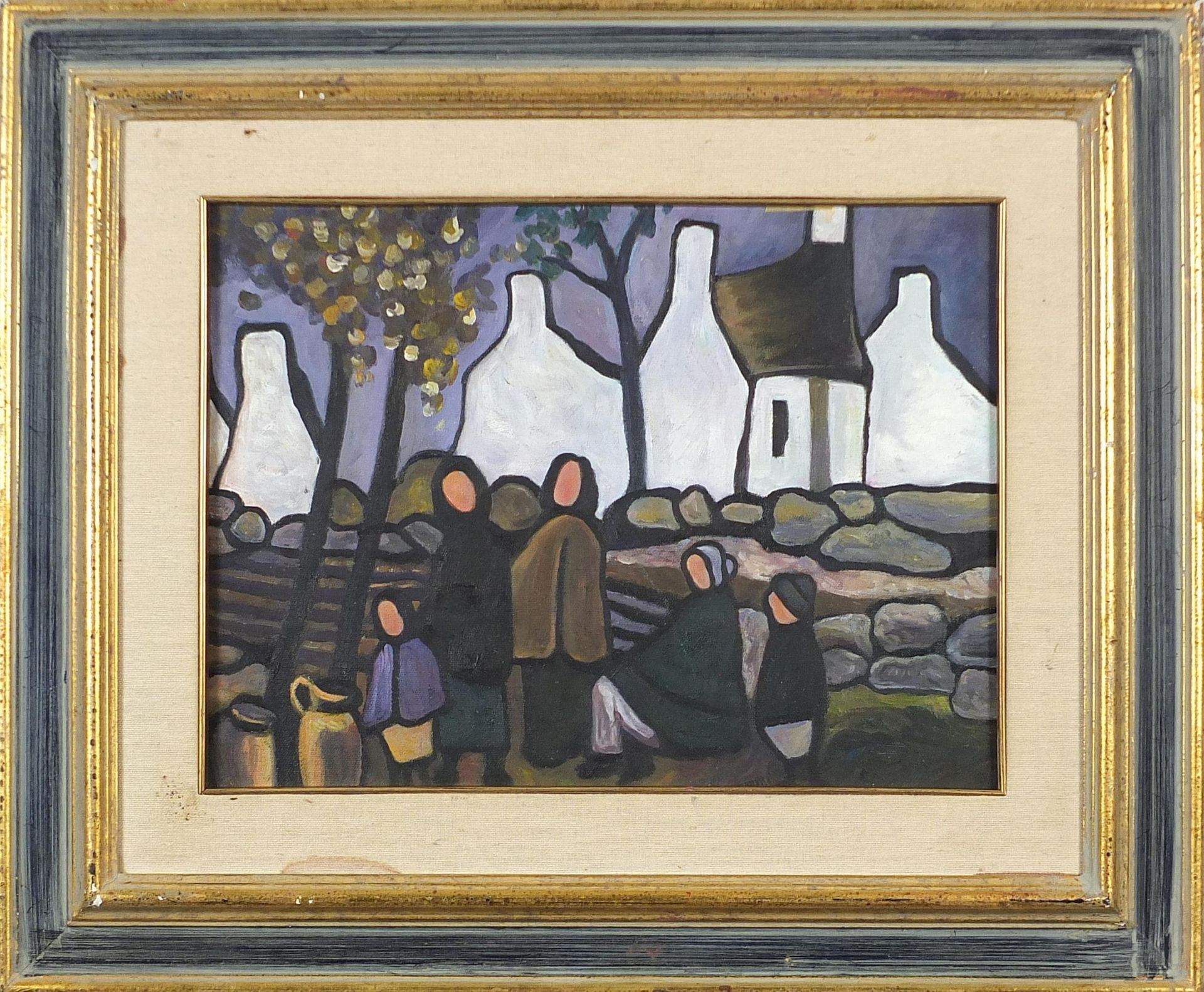 Manner of Markey Robinson - Figures before cottages, Irish school oil on board, mounted and - Image 2 of 3