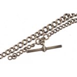 Graduated silver watch chain with T bar, 33cm in length, 25.4g