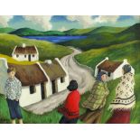 Figures before cottages, Irish school oil on canvas board, mounted and framed, 39cm x 30cm excluding