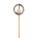 Unmarked gold diamond solitaire stick pin, 6cm in length, 2.3g