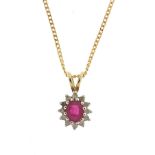 Unmarked gold ruby and diamond pendant of a 9ct gold necklace, 1.4cm high and 44cm in length, 2.1g